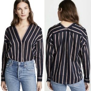 Vince Textured Striped Long-sleeve Button Up Linen Silk Blend Blouse size Small